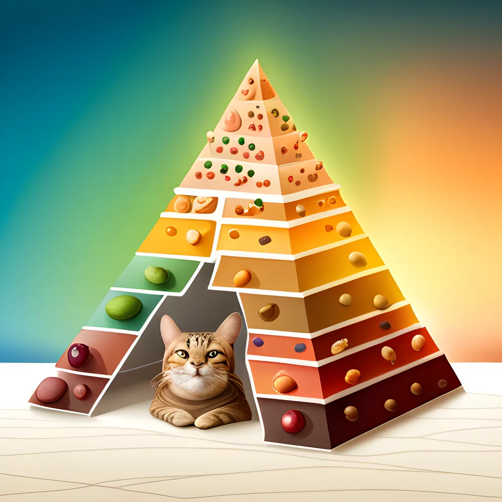 Ilustración de un gato atigrado junto a una pirámide de alimentos por niveles