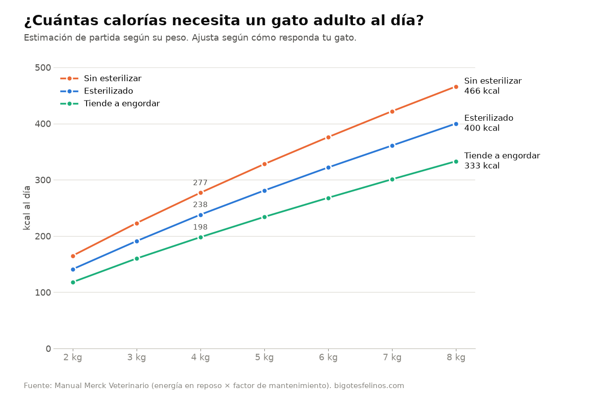 Gráfico: calorías al día de un gato adulto de 2 a 8 kg; por ejemplo, a 4 kg, 277 kcal sin esterilizar, 238 esterilizado y 198 si tiende a engordar