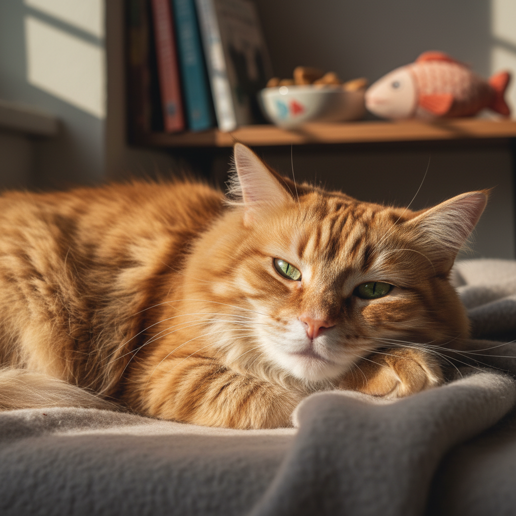 Gata descansando sobre una cobija en casa