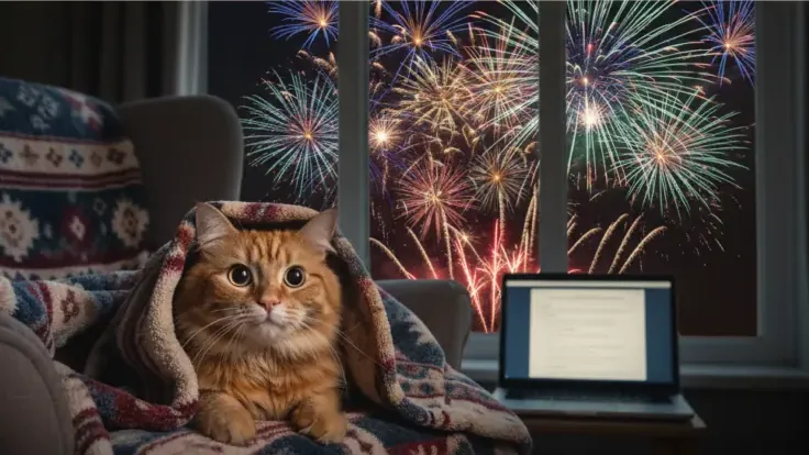 Gato atigrado escondido bajo una cobija mientras hay fuegos artificiales en la ventana